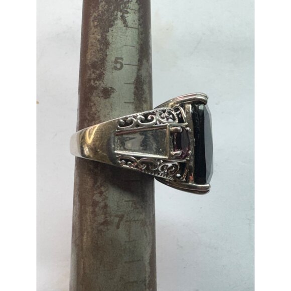 Estate Sterling Silver 925 Filigree Ring Size 6 Large Black Stone & Red Accents - Picture 7 of 8